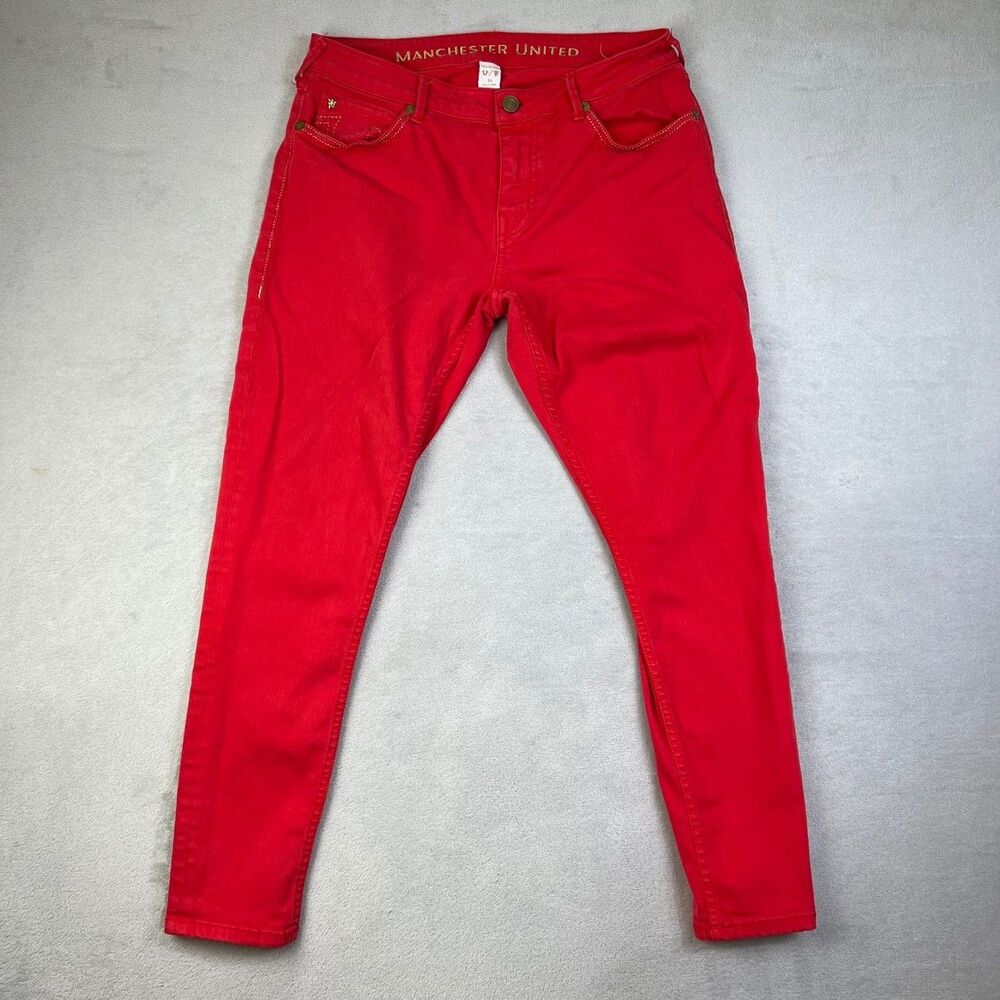 True Religion Manchester United Jeans Womens 31 Red Skinny Gold Stitch Collab